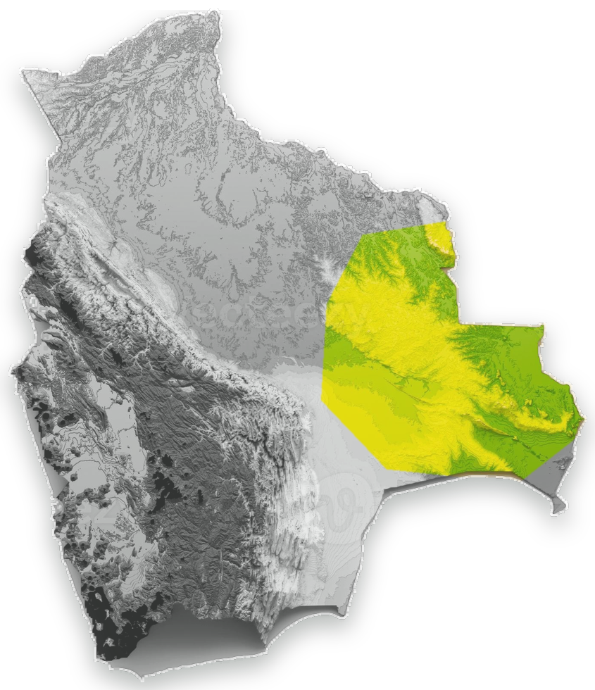 Mapa de Bolivia con la Chiquitanía resaltada.